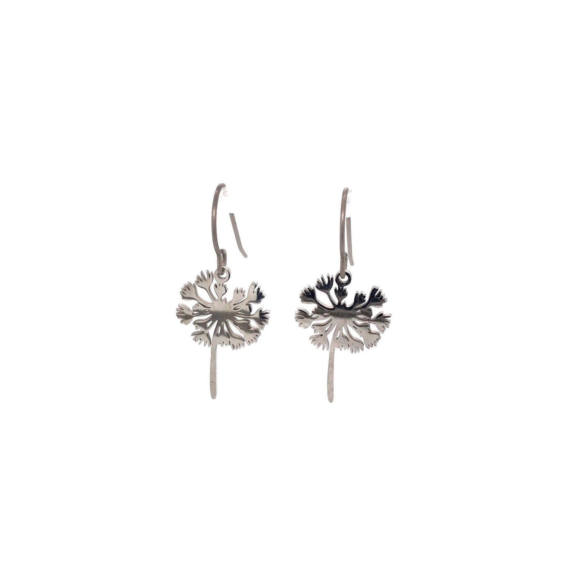 A pair of dangle earrings with a dandelion flower design, available in two colors, with plastic or titanium hooks.