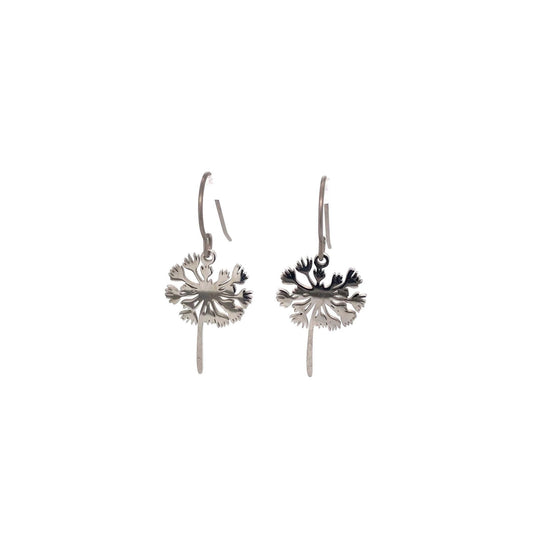 A pair of dangle earrings with a dandelion flower design, available in two colors, with plastic or titanium hooks.