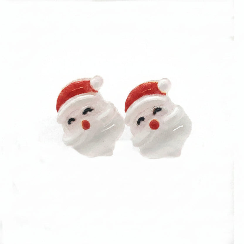 A pair of Santa-shaped stud earrings in white color with red hats, designed for piercing.