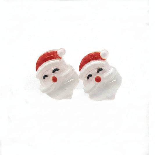 A pair of Santa-shaped stud earrings in white color with red hats, designed for piercing.