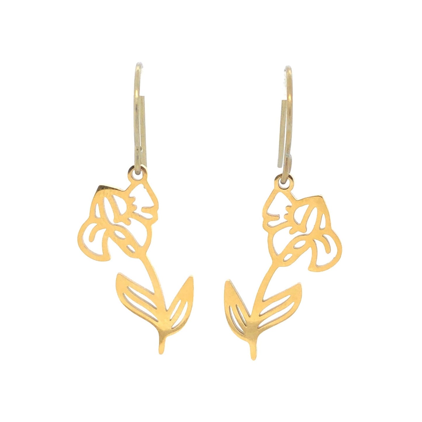 A pair of silver dangle earrings in the shape of birth month flowers, with a heart-shaped stem and two floral designs, suitable for sensitive ears.
