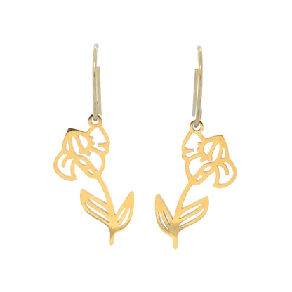 A pair of silver dangle earrings in the shape of birth month flowers, with a heart-shaped stem and two floral designs, suitable for sensitive ears.