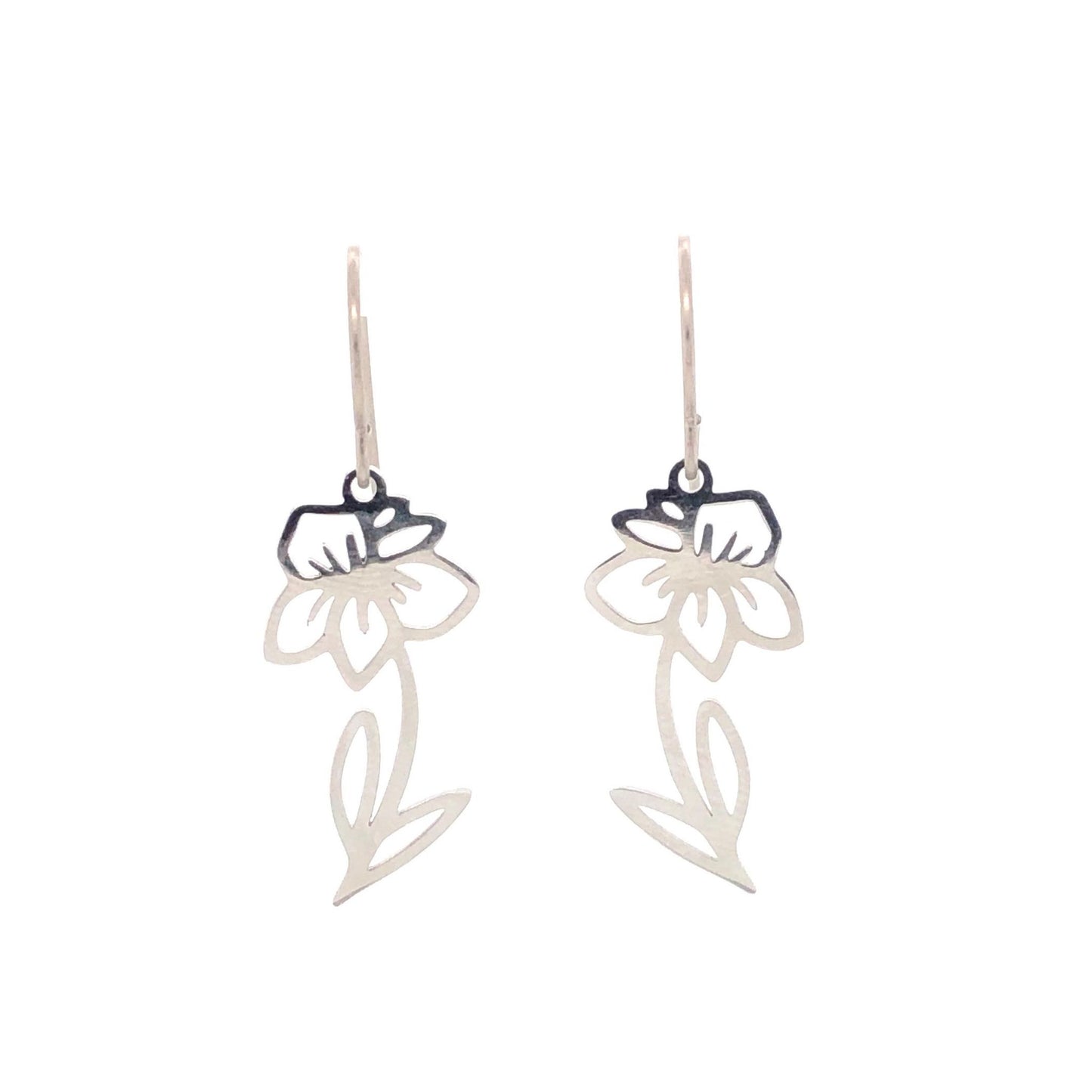 A pair of silver dangle earrings in the shape of birth month flowers, with a heart-shaped stem and two floral designs, suitable for sensitive ears.
