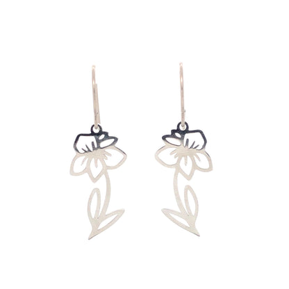 A pair of silver dangle earrings in the shape of birth month flowers, with a heart-shaped stem and two floral designs, suitable for sensitive ears.