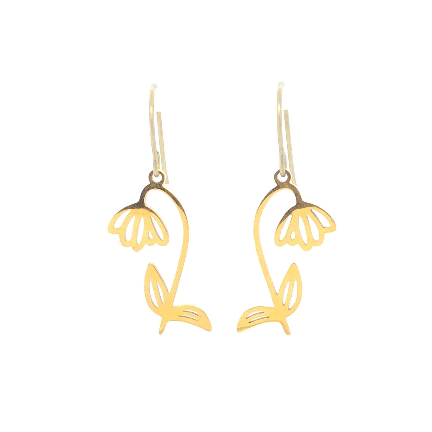 A pair of silver dangle earrings in the shape of birth month flowers, with a heart-shaped stem and two floral designs, suitable for sensitive ears.