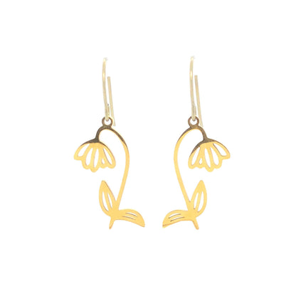 A pair of silver dangle earrings in the shape of birth month flowers, with a heart-shaped stem and two floral designs, suitable for sensitive ears.