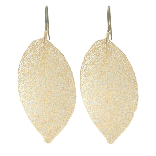 A pair of gold-colored leaf-shaped dangle earrings.