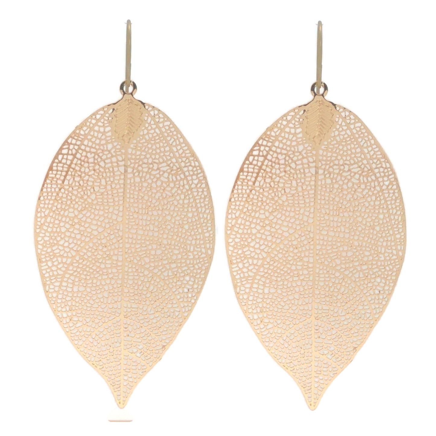 A pair of gold-colored leaf-shaped dangle earrings with a textured design.