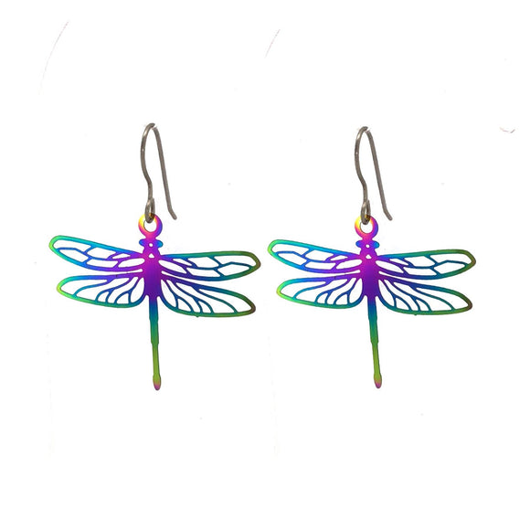Dangle Earrings, Invisible Clip On or Plastic Hooks Iridescent Rainbow Dragonfly