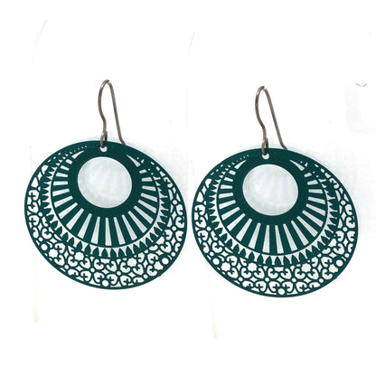 A pair of laser cut filigree dangle earrings in green color with a circular design 