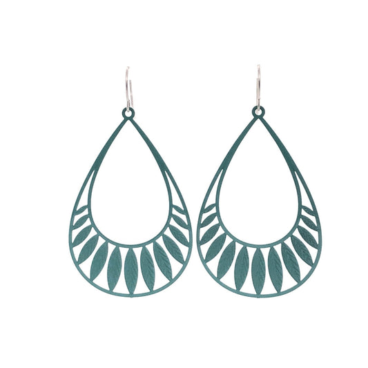 A pair of teardrop-shaped earrings with a leaf cut-out design, dangling from a metal clip, in a dark teal color.