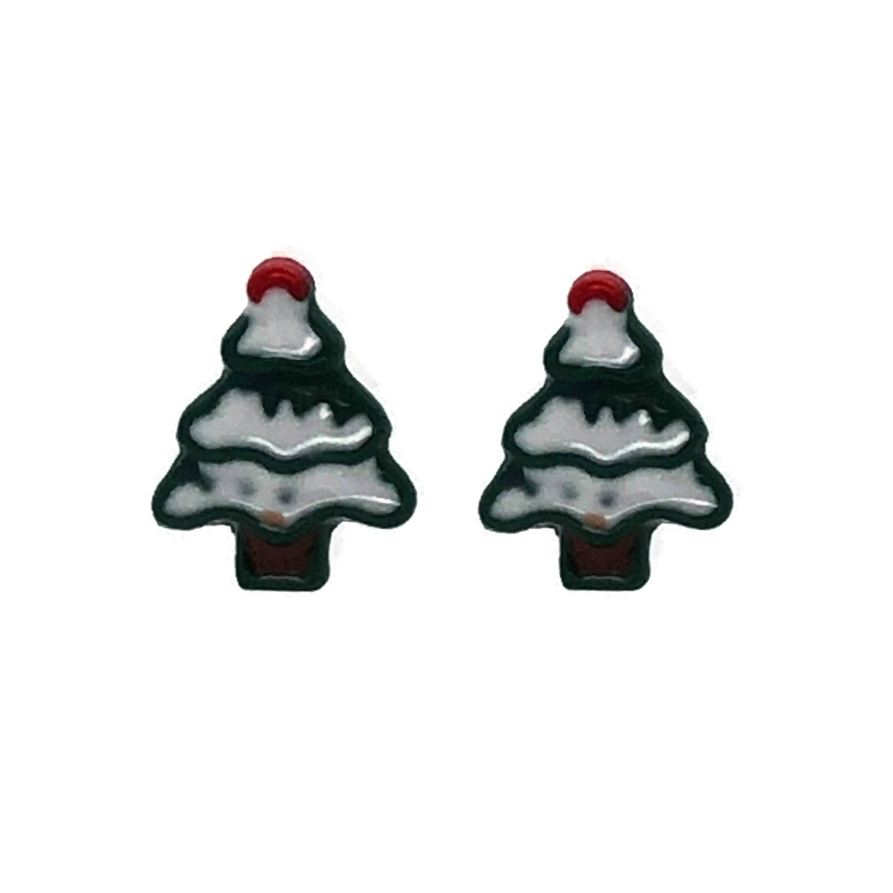 A pair of Christmas tree-shaped stud earrings with snow design, featuring red and white colors against a silver background.