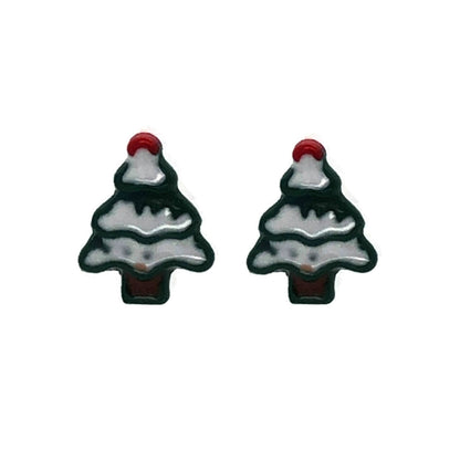 A pair of Christmas tree-shaped stud earrings with snow design, featuring red and white colors against a silver background.