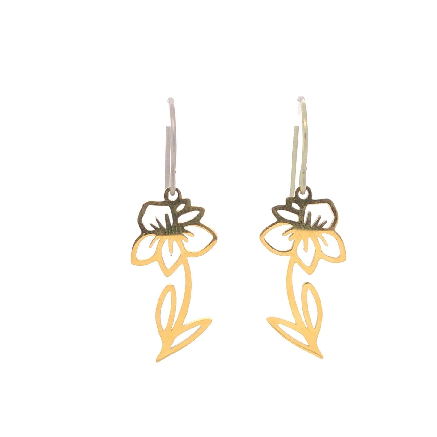 A pair of silver dangle earrings in the shape of birth month flowers, with a heart-shaped stem and two floral designs, suitable for sensitive ears.
