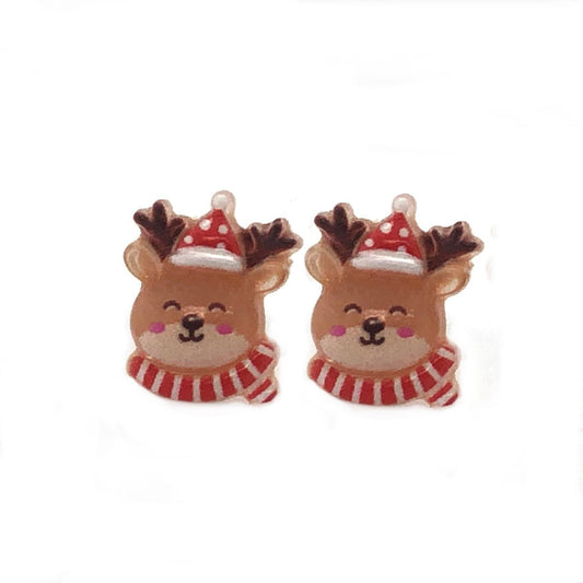 A pair of reindeer stud earrings with red and white striped scarves.