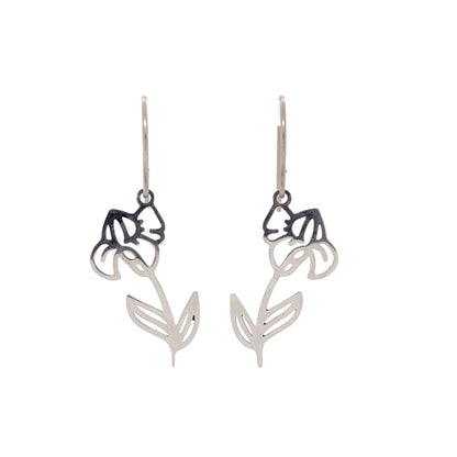 A pair of silver dangle earrings in the shape of birth month flowers, with a heart-shaped stem and two floral designs, suitable for sensitive ears.