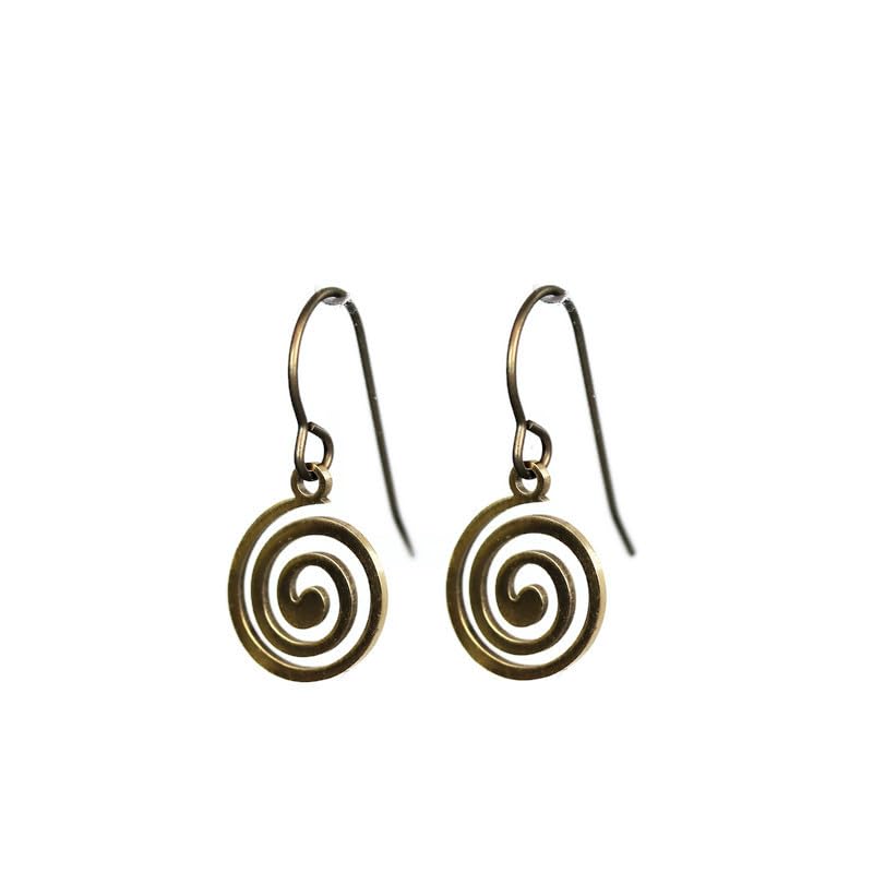 A pair of gold-colored swirl dangle earrings with a plastic hook back.