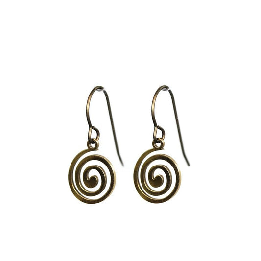 A pair of gold-colored swirl dangle earrings with a plastic hook back.