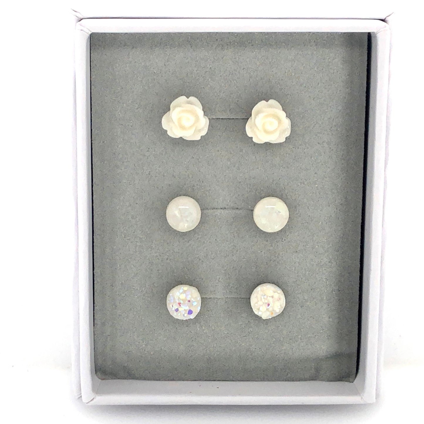 Coffret cadeau de boucles d'oreilles à tige en rose noire, opalescente et druzy 10 mm
