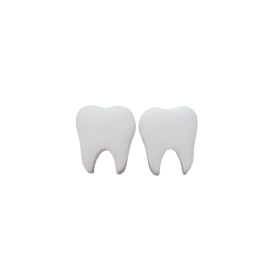 A pair of white acrylic stud earrings designed to resemble teeth, displayed against a plain background.