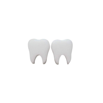 A pair of white acrylic stud earrings designed to resemble teeth, displayed against a plain background.