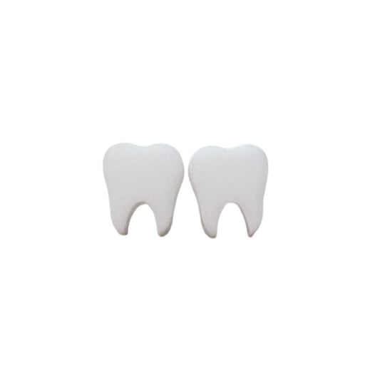 A pair of white acrylic stud earrings designed to resemble teeth, displayed against a plain background.