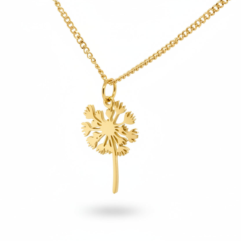 A dandelion flower necklace with a 18K gold PVD plated stainless steel chain and a lobster clasp.