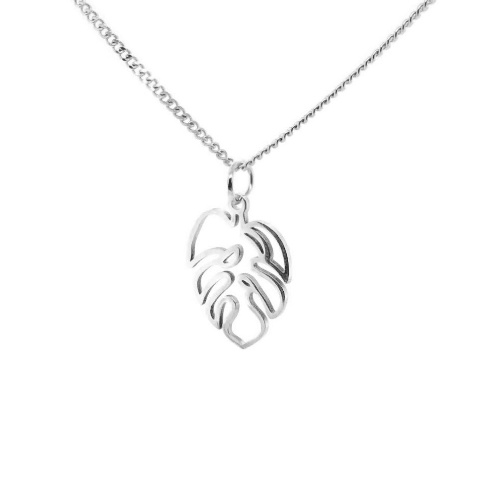 silver monstera charm on curb chain