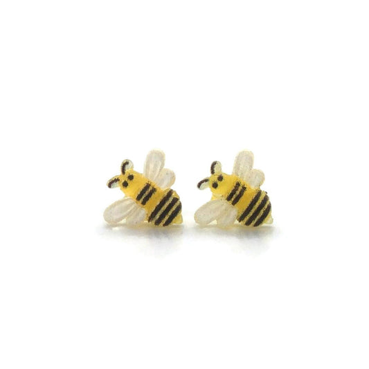 A pair of bee-shaped stud earrings made of resin, with yellow and black color scheme, displayed against a white background.