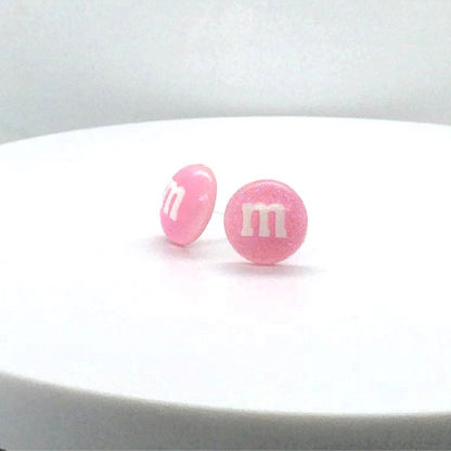 pink pastel-colored M&M candy stud earrings a