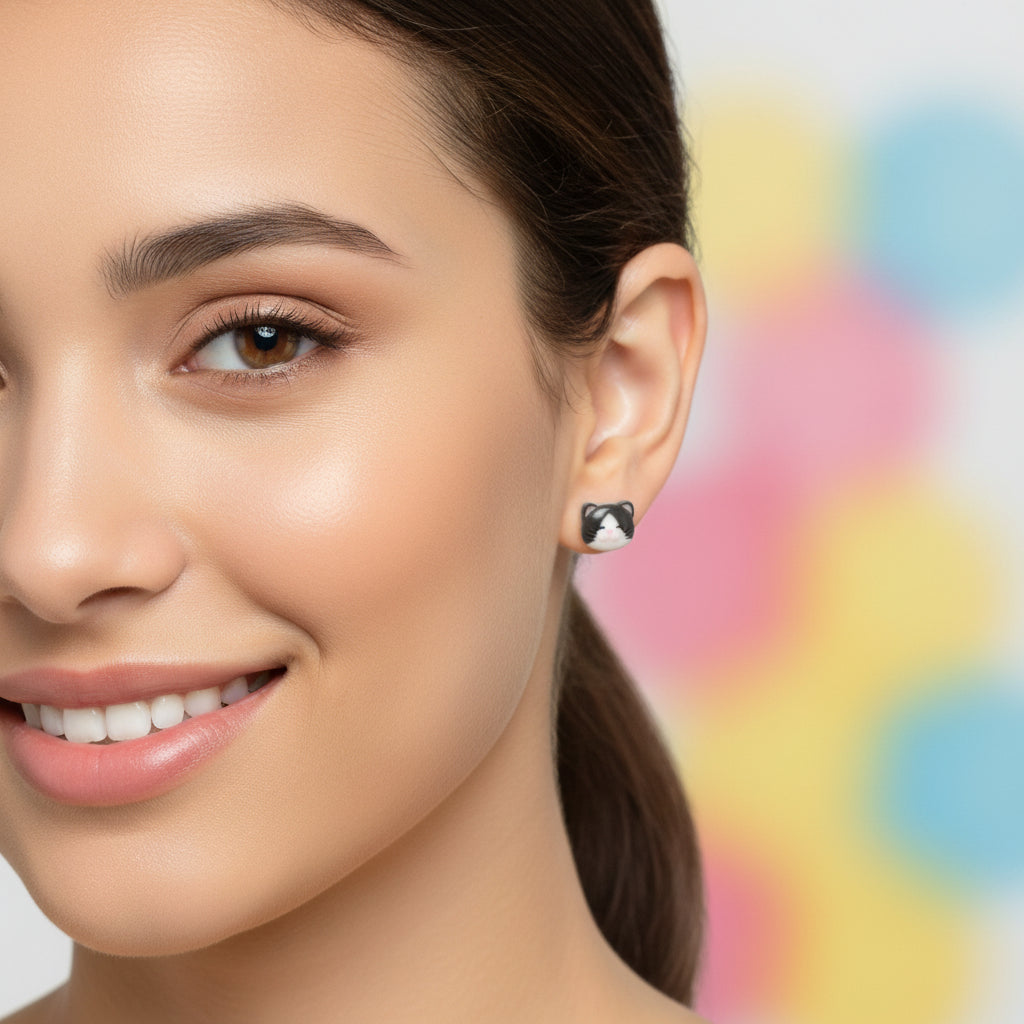 black and white cat face earrings in hand
