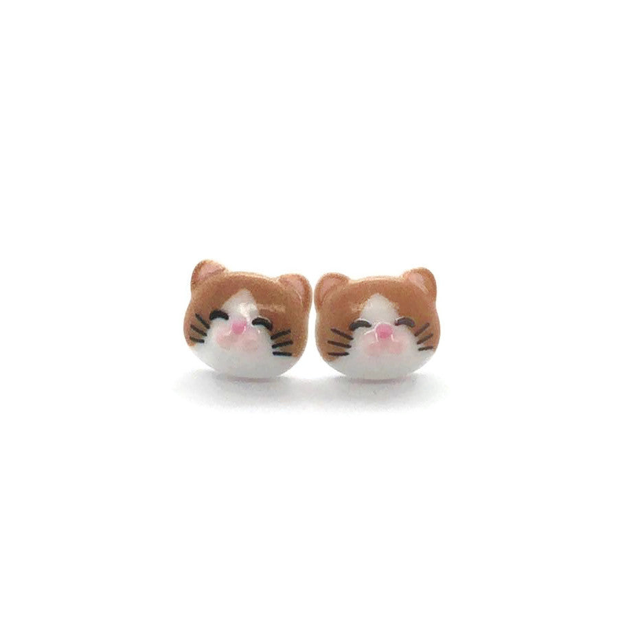 brown and white cat face earrings