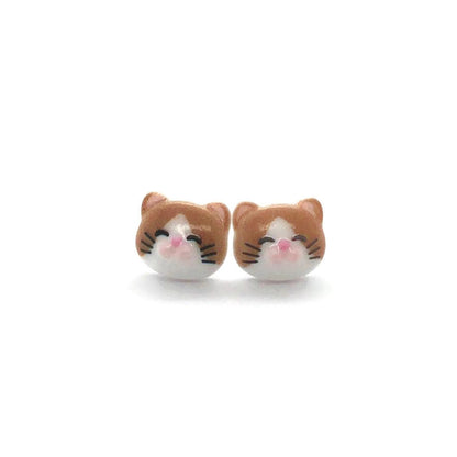 brown and white cat face earrings