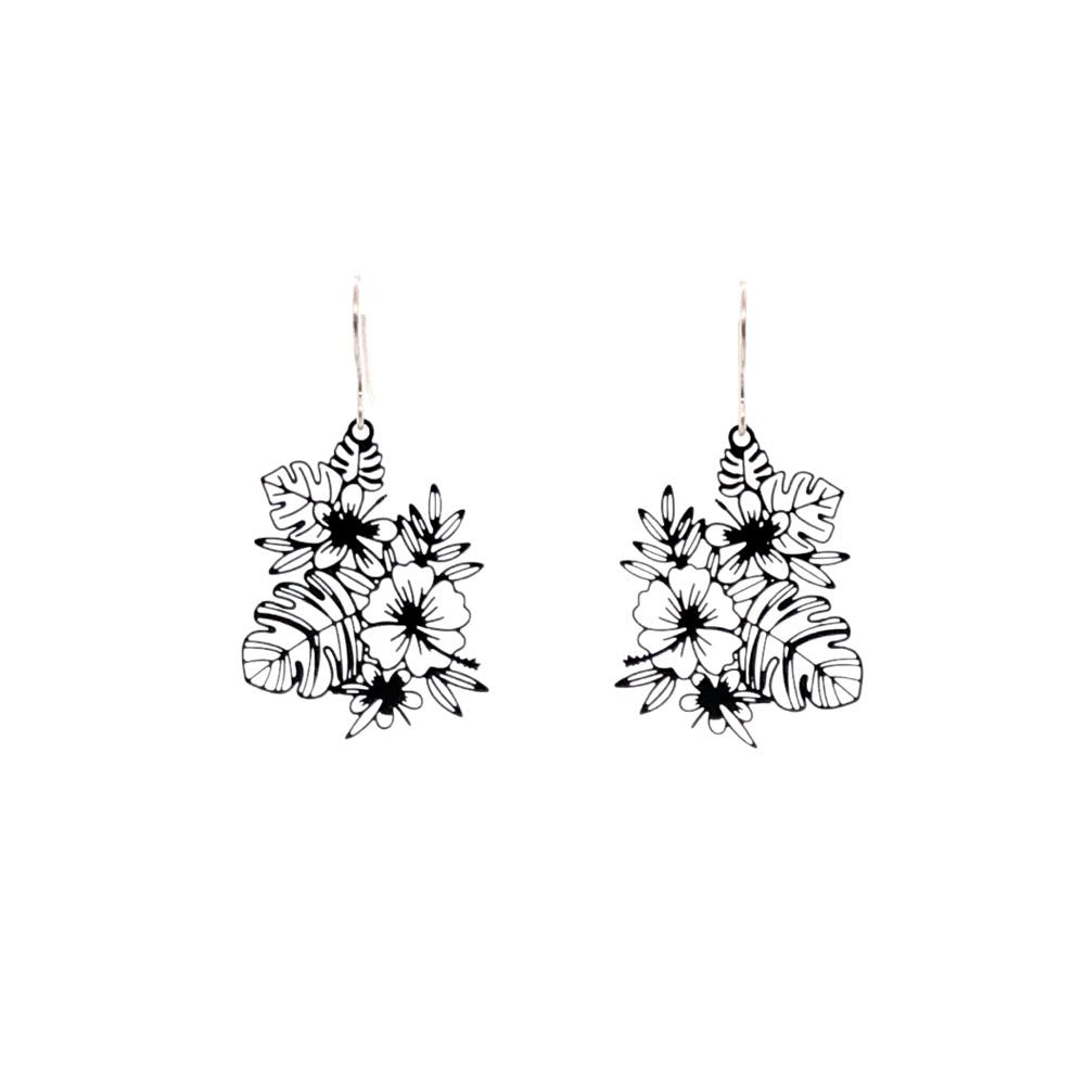 A pair of fine line floral design dangle earrings with a laser-cut brass construction.