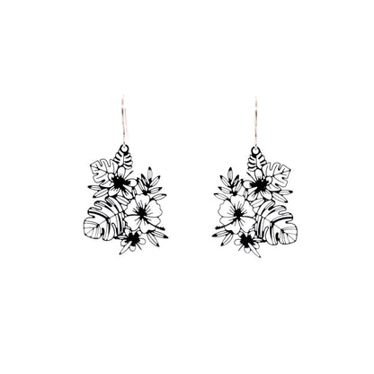 A pair of fine line floral design dangle earrings with a laser-cut brass construction.
