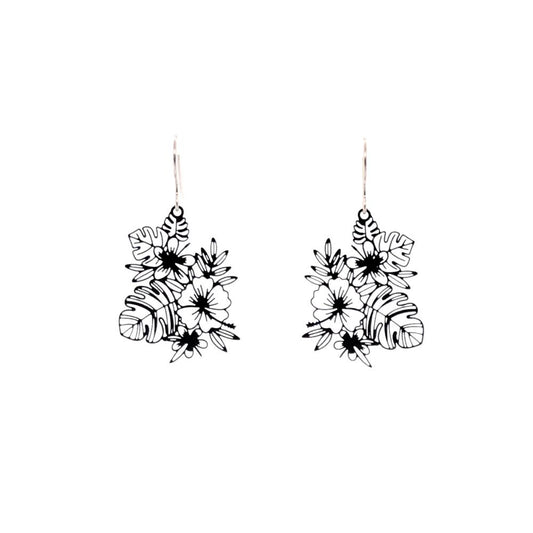 A pair of fine line floral design dangle earrings with a laser-cut brass construction.