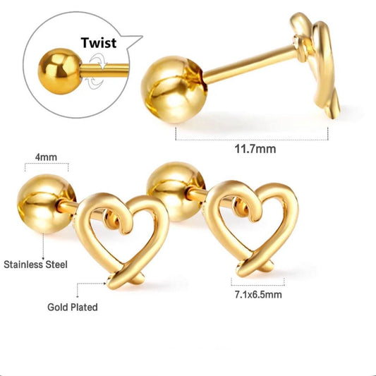A pair of gold-colored screw back earrings designed in the shape of an open heart, with a twist back closure.