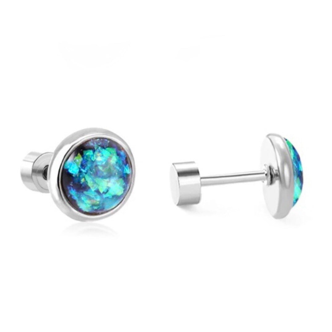 A pair of stainless steel iridescent cabochon stud earrings with a flat back closure.
