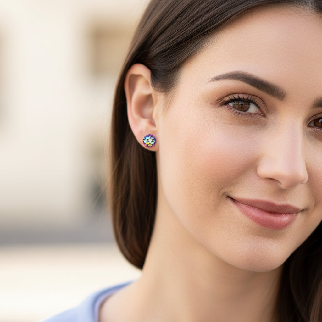 Close-up of an ear wearing a colorful  pink mermaid scale round earring with a blurred background