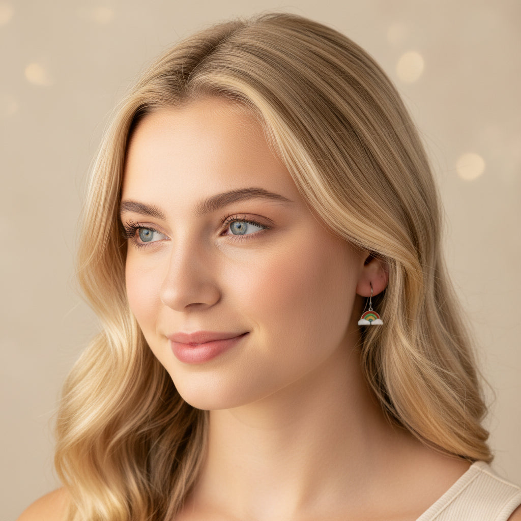 Close-up of an ear wearing a rainbow-shaped earring with a blurred background
