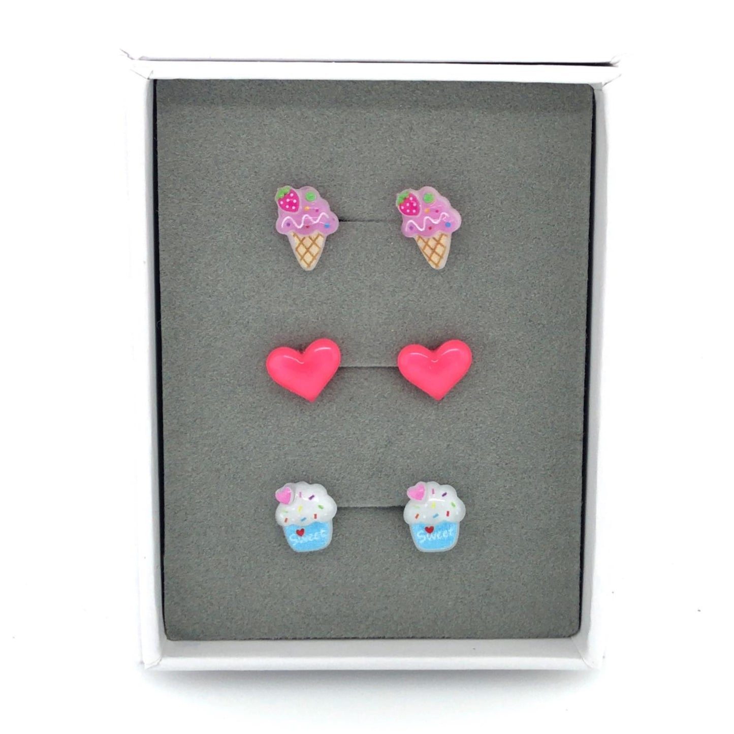 Cupcake, Pink Heart, Ice Cream - Stud Earring Gift Set