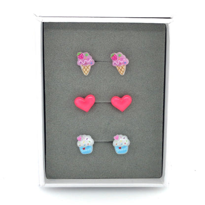 Cupcake, Pink Heart, Ice Cream - Stud Earring Gift Set