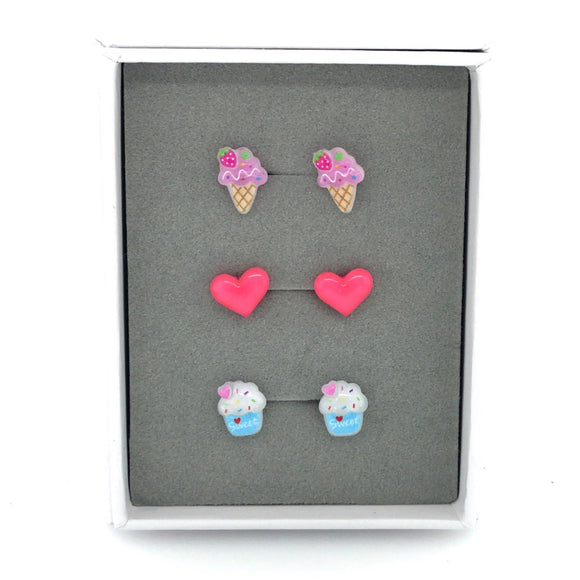 Coffret cadeau de boucles d'oreilles à tige Cupcake, cœur rose et crème glacée