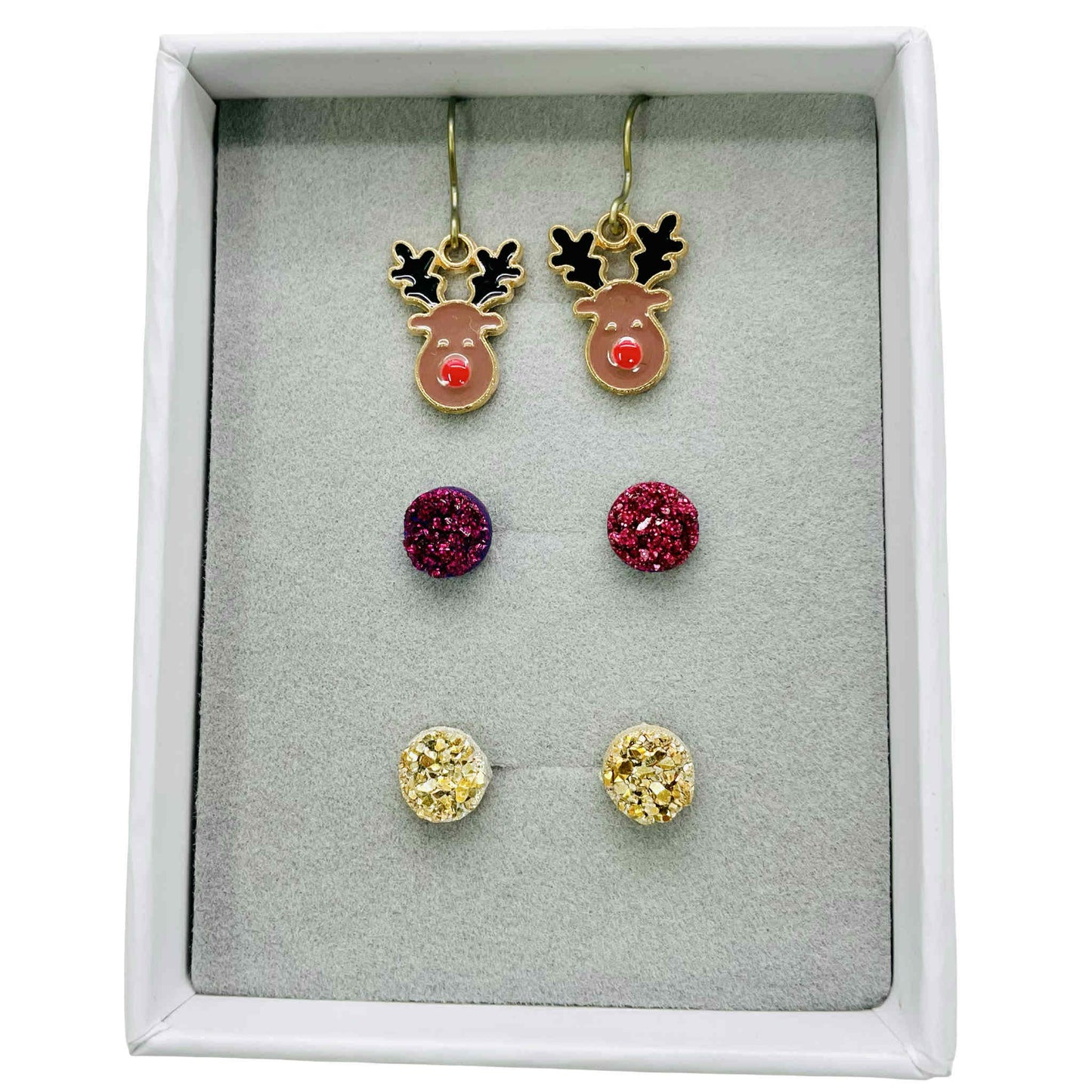 Druzy Studs & Reindeer Dangle - Earrings Gift Set