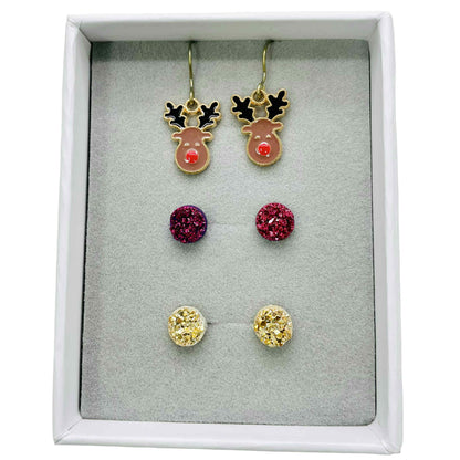 Druzy Studs & Reindeer Dangle - Earrings Gift Set