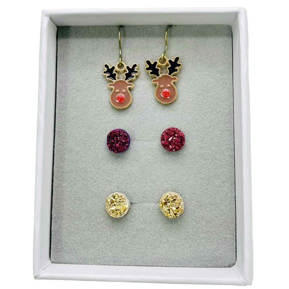 8mm Druzy Burgundy, Gold & Reindeer Dangle - Earrings Set