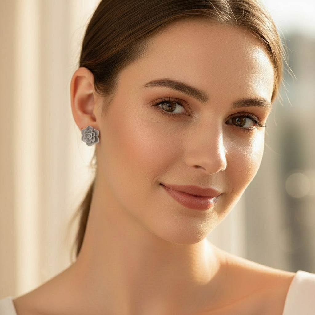 Gray succulent-shaped earring on a white earbud against a light gray background
