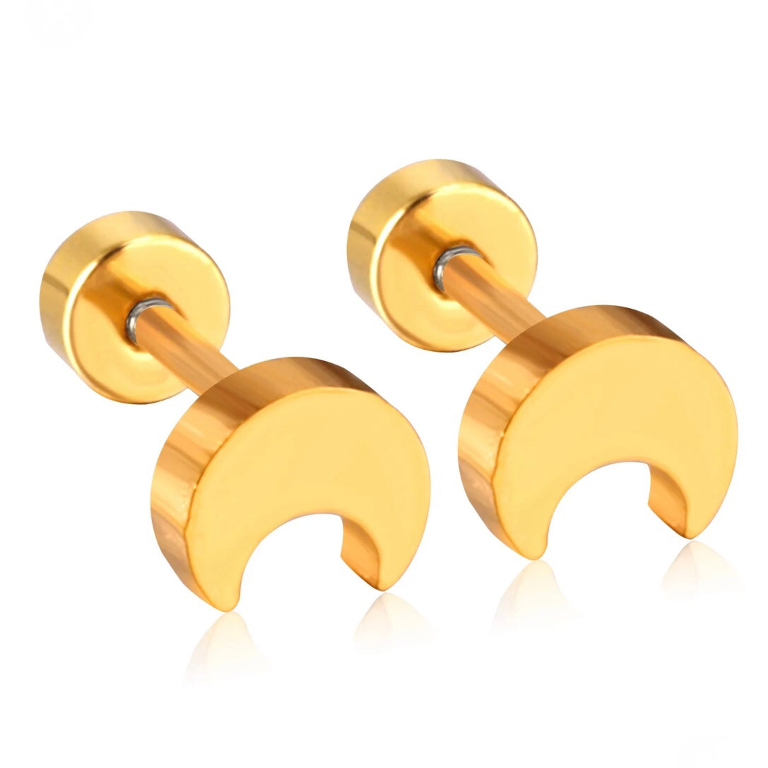 A pair of 18k gold-colored screw back earrings with a moon design.