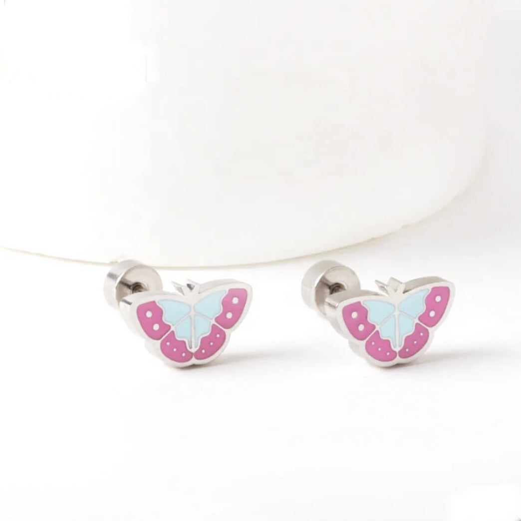 A pair of stainless steel butterfly stud earrings with a pink and blue pattern on a white background.