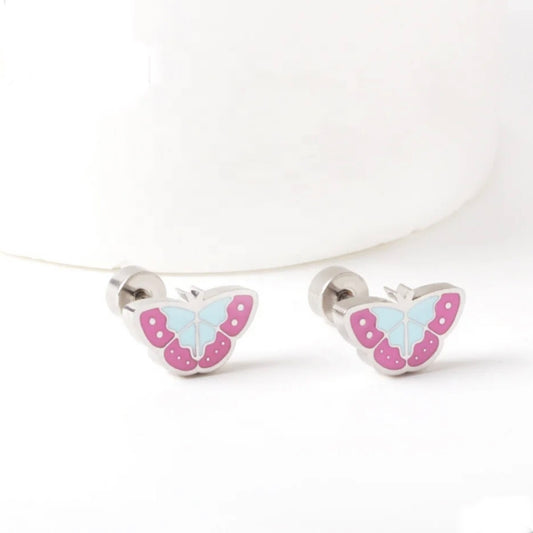 A pair of stainless steel butterfly stud earrings with a pink and blue pattern on a white background.